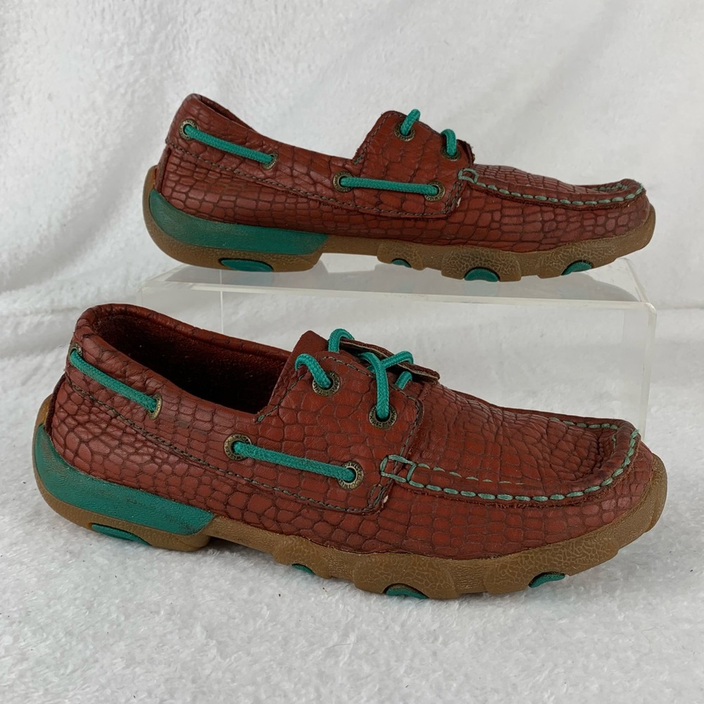 Twisted X Brown Leather Boat Shoes with Teal Accents